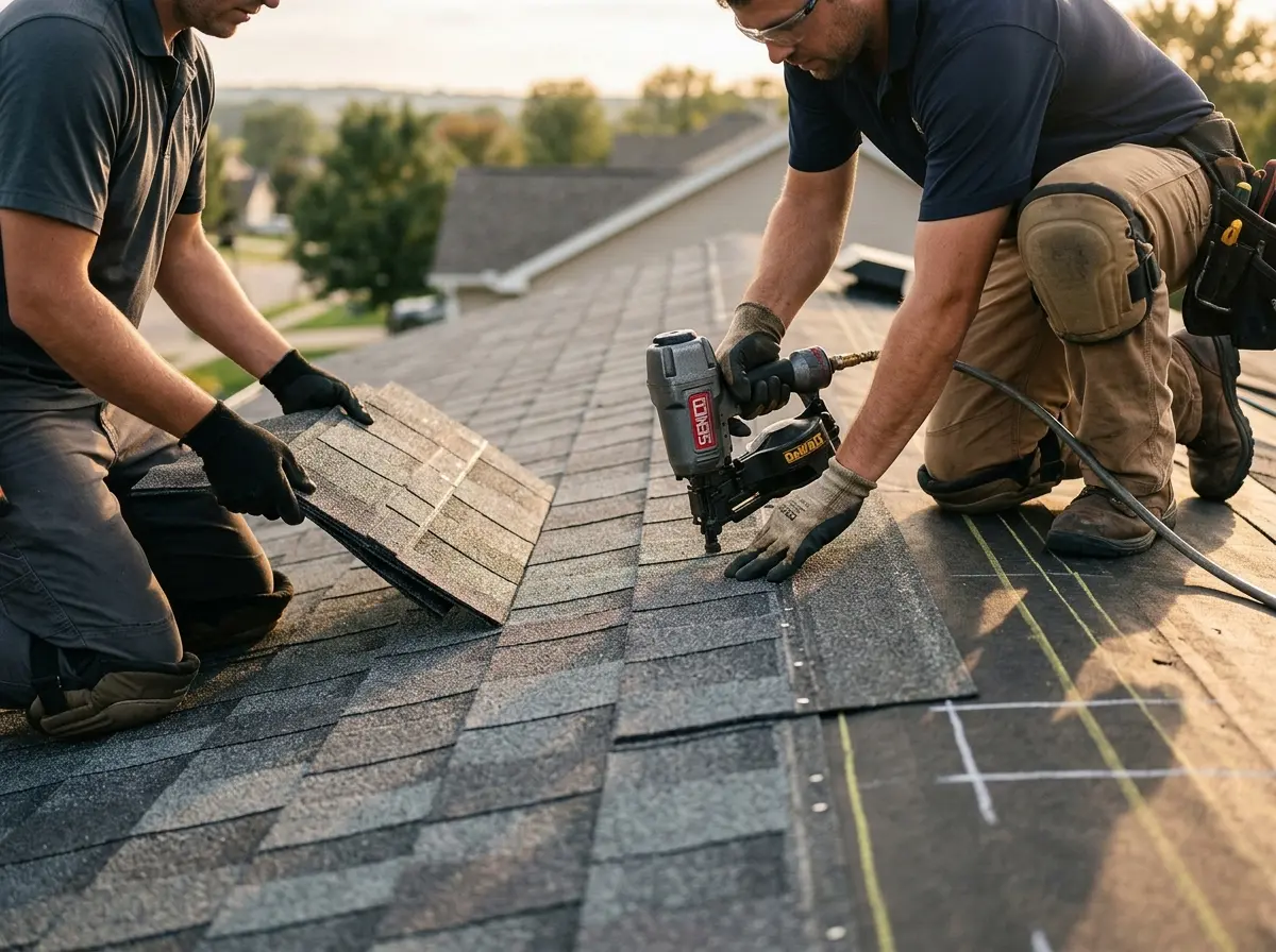 Professional roofer working on a residential roof in Siloam Springs